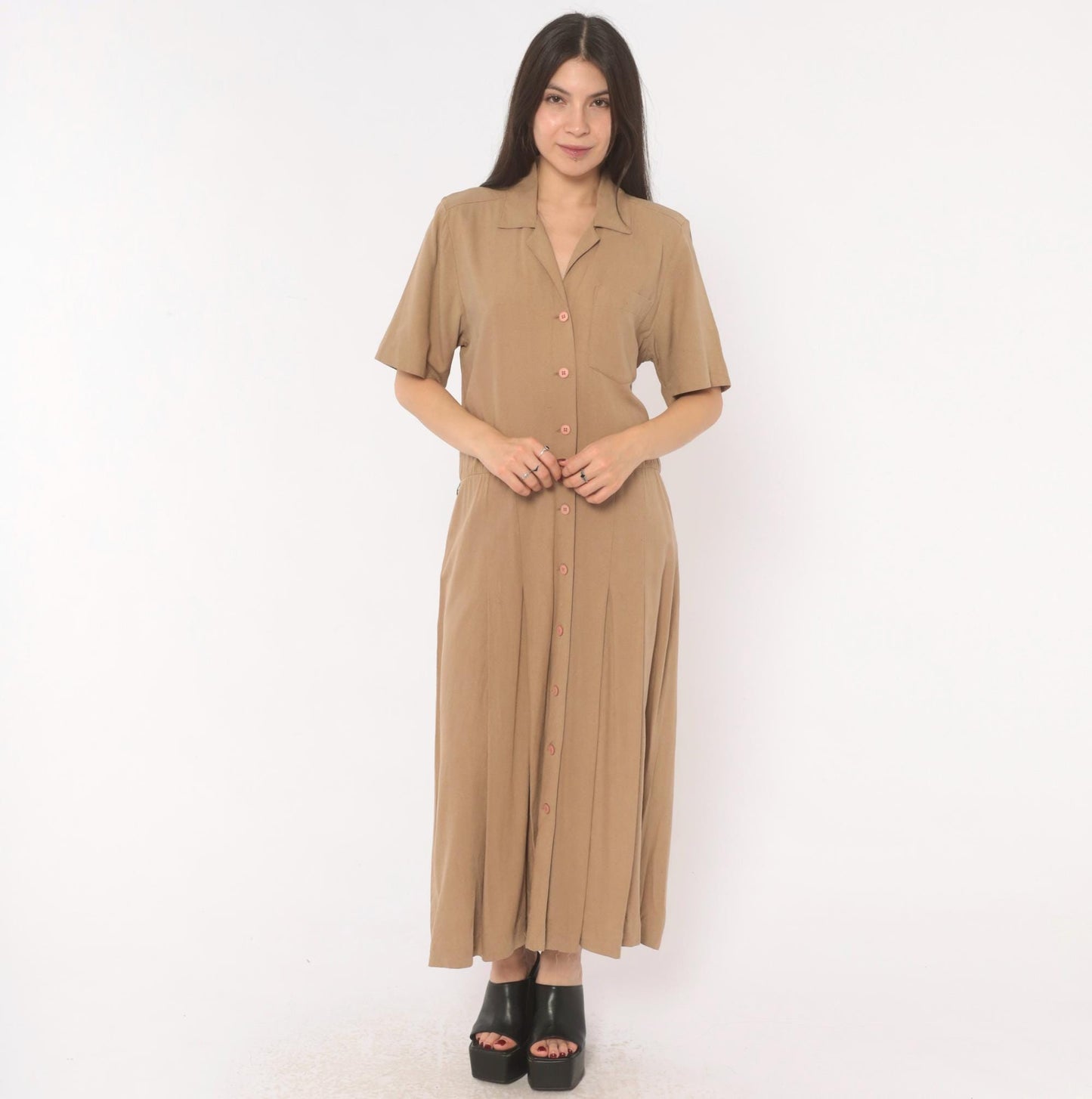 90s Liz Claiborne Silk Maxi Shirt Dress Tan Camp Collar Pleated Medium M