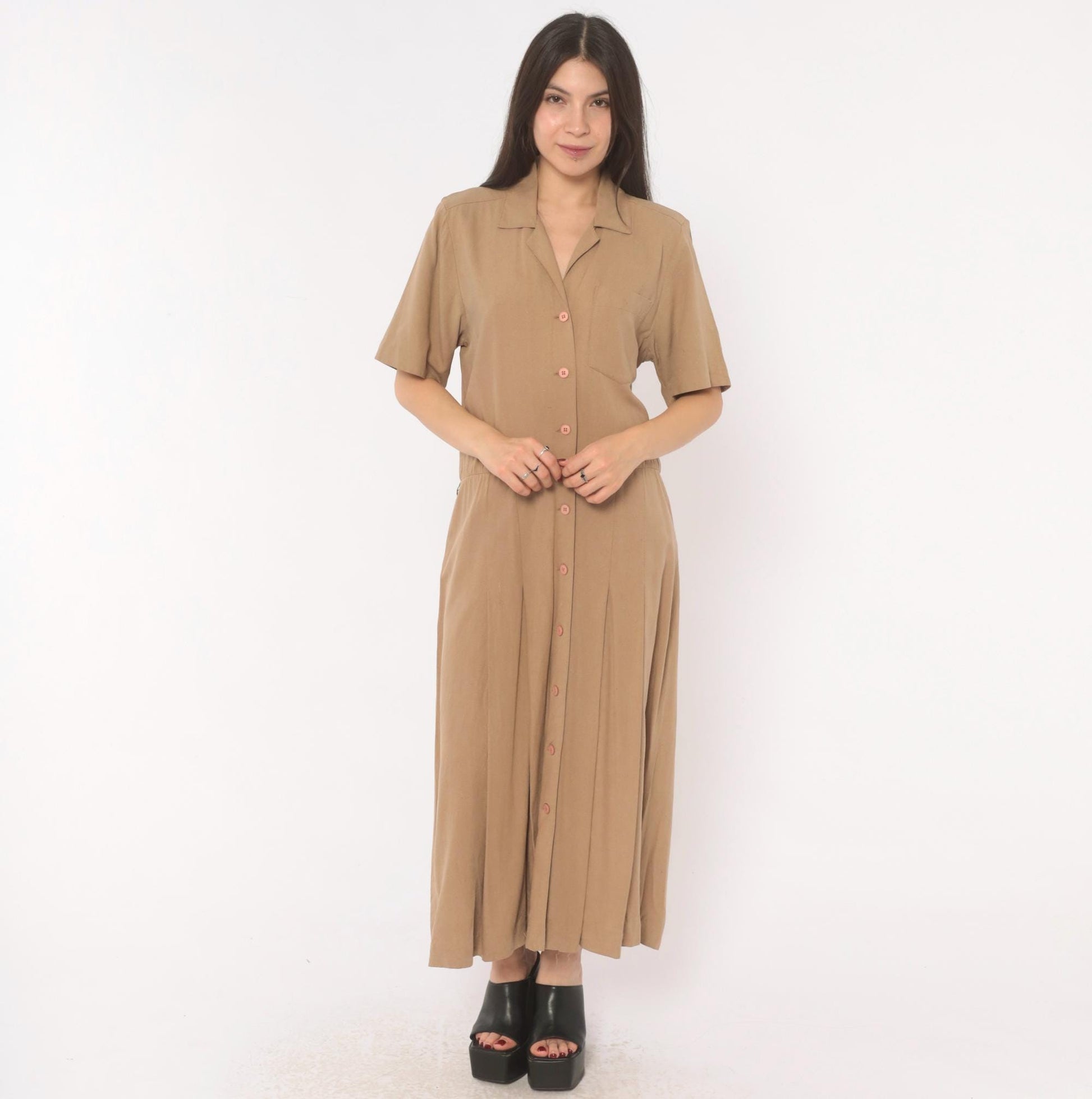 90s Liz Claiborne Silk Maxi Shirt Dress Tan Camp Collar Pleated Medium M