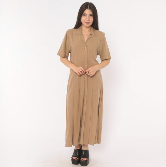 90s Liz Claiborne Silk Maxi Shirt Dress Tan Camp Collar Pleated Medium M