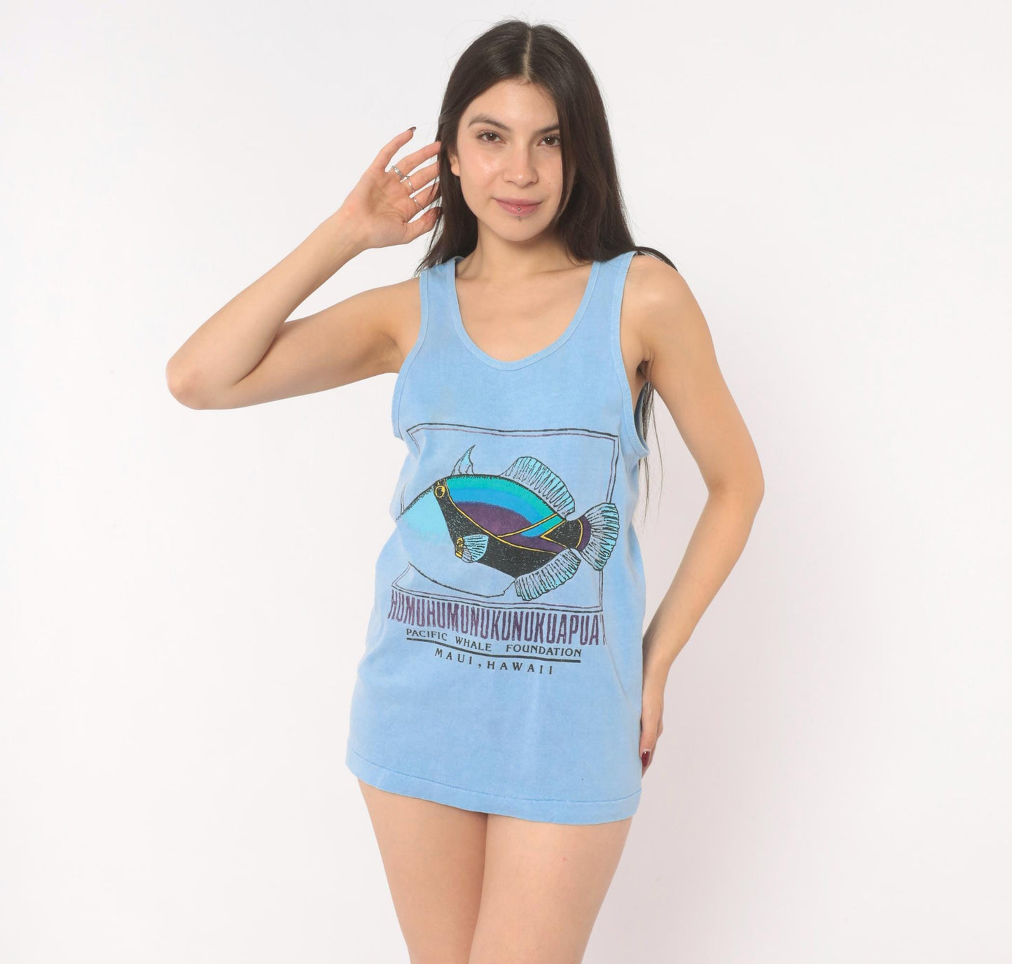 90s Fruit of the Loom Humuhumunukunukuapua'a Tank Top Light Blue Small