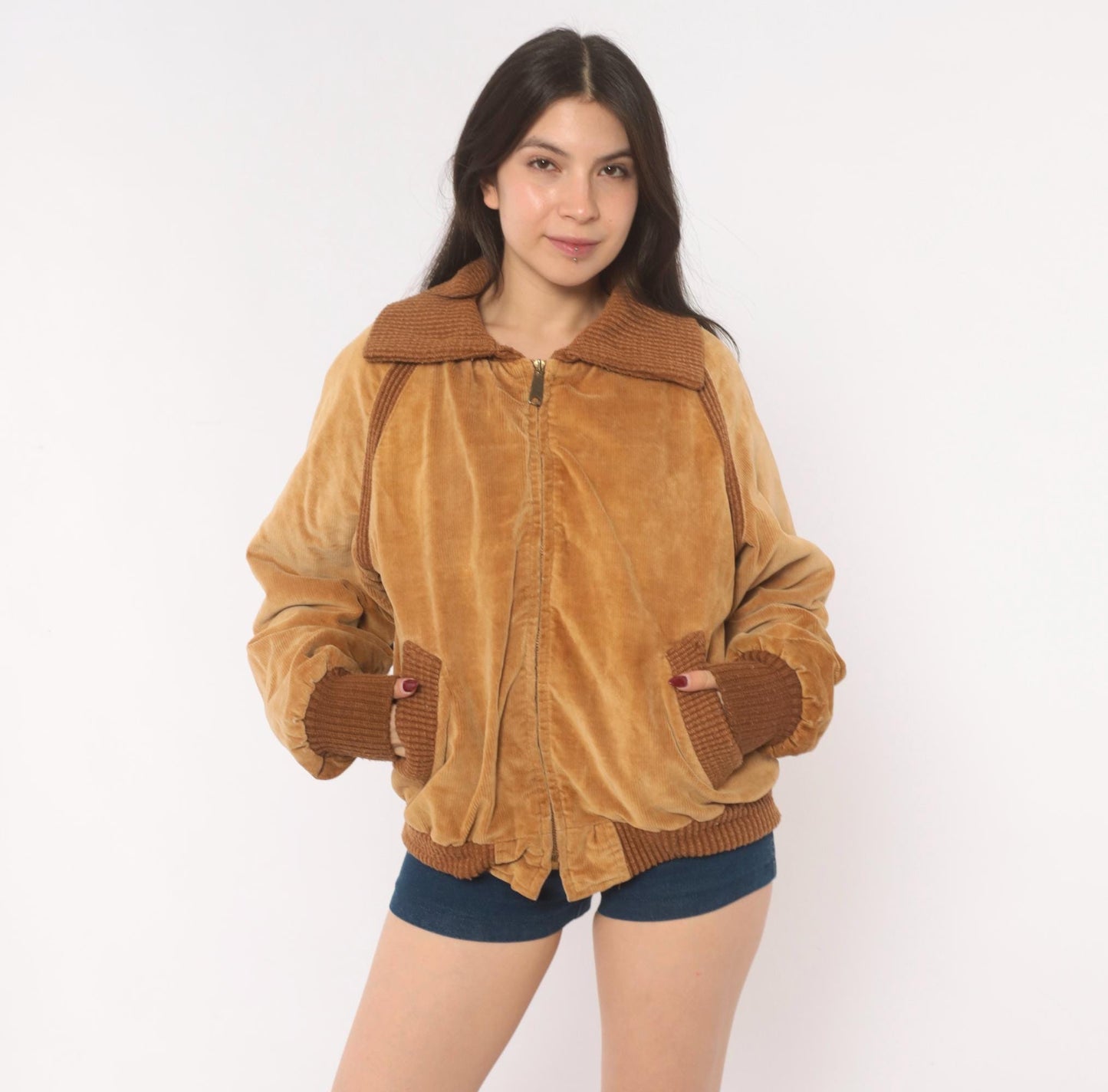 70s Corduroy Bomber Jacket Tan Raglan Knit Collar Zip Front Medium