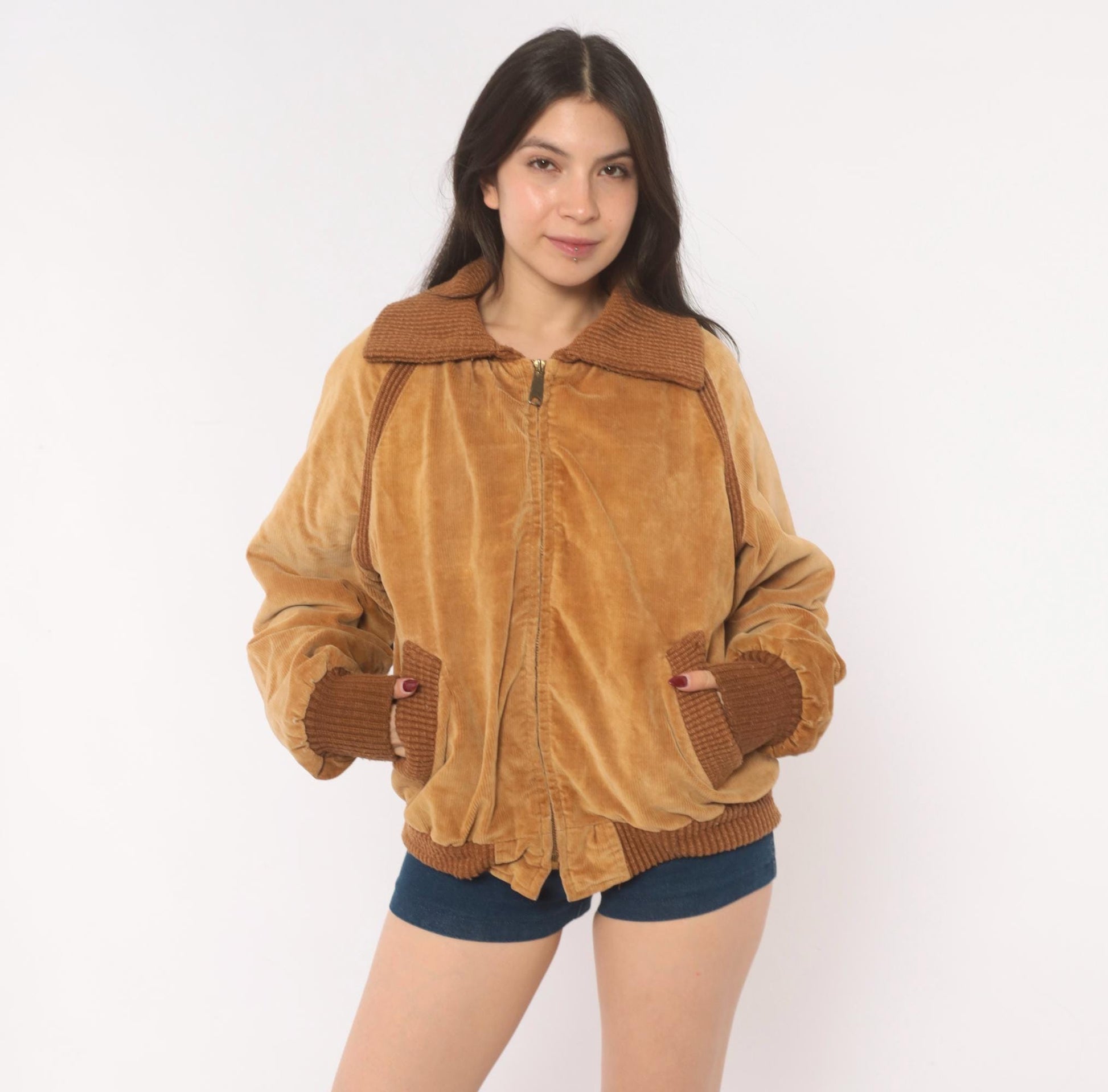 70s Corduroy Bomber Jacket Tan Raglan Knit Collar Zip Front Medium