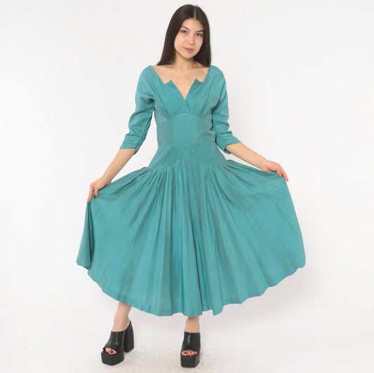 1940s Teal Dress V-Neck Three Quarter Sleeve Drop Waist Midi Small S