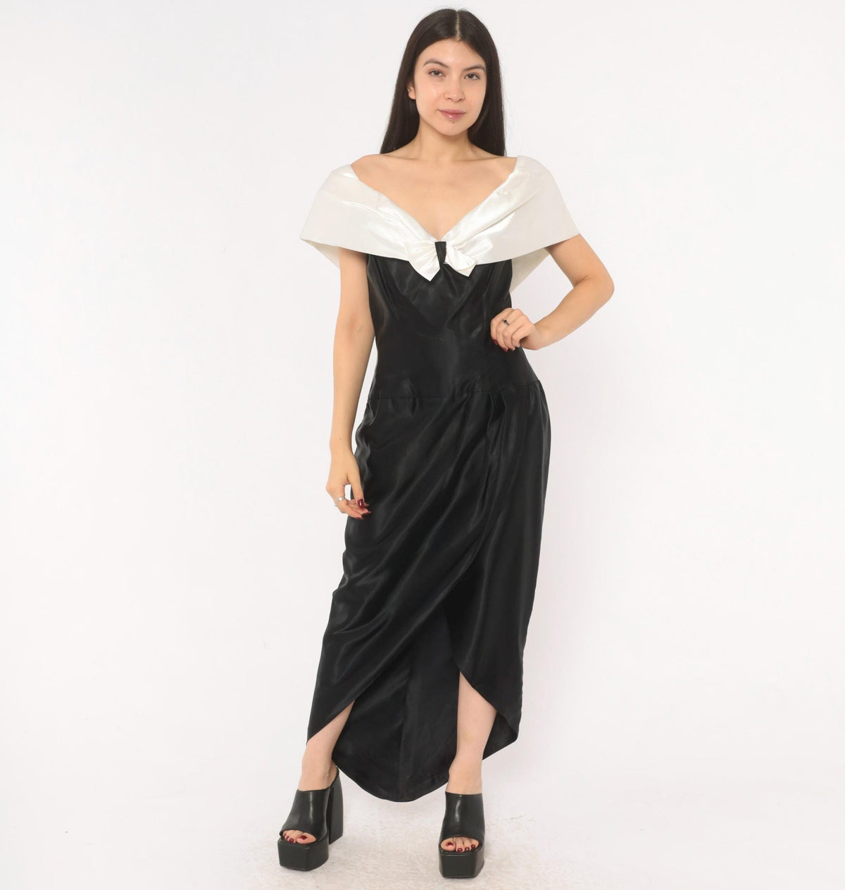 90s Black Satin Maxi Gown White Bow Off-Shoulder V-Neck Cap Sleeve Medium