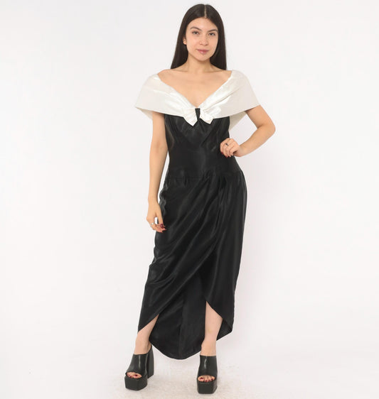 90s Black Satin Maxi Gown White Bow Off-Shoulder V-Neck Cap Sleeve Medium