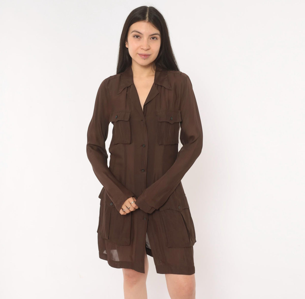 90s Dries Van Noten Silk Shirt Dress Brown Sheer Safari Utility Pocket Small