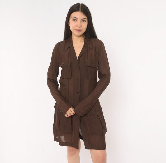 90s Dries Van Noten Silk Shirt Dress Brown Sheer Safari Utility Pocket Small