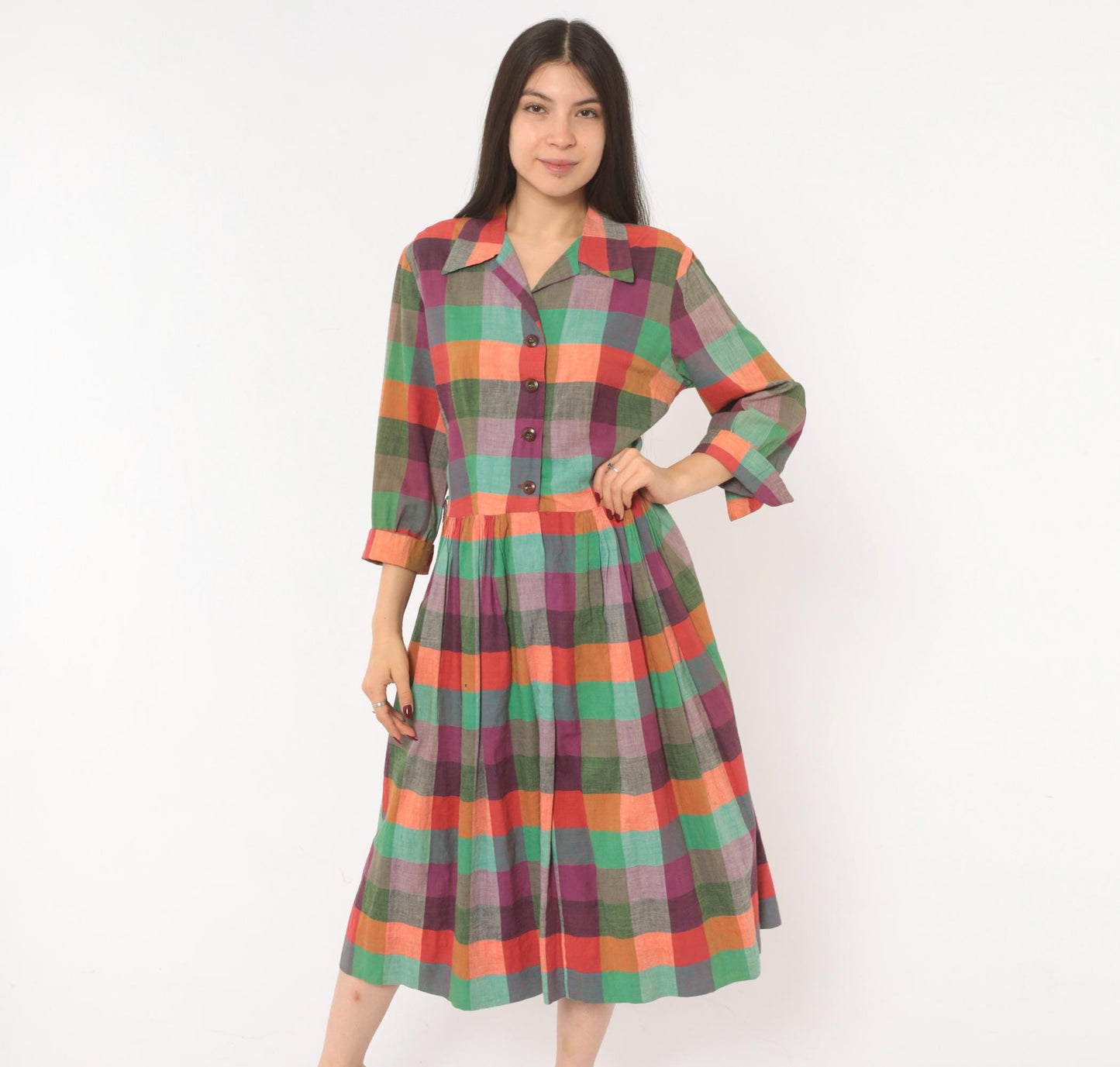 60s Multicolor Plaid Shirtdress Cotton Button Front Midi Purple Green Coral Large