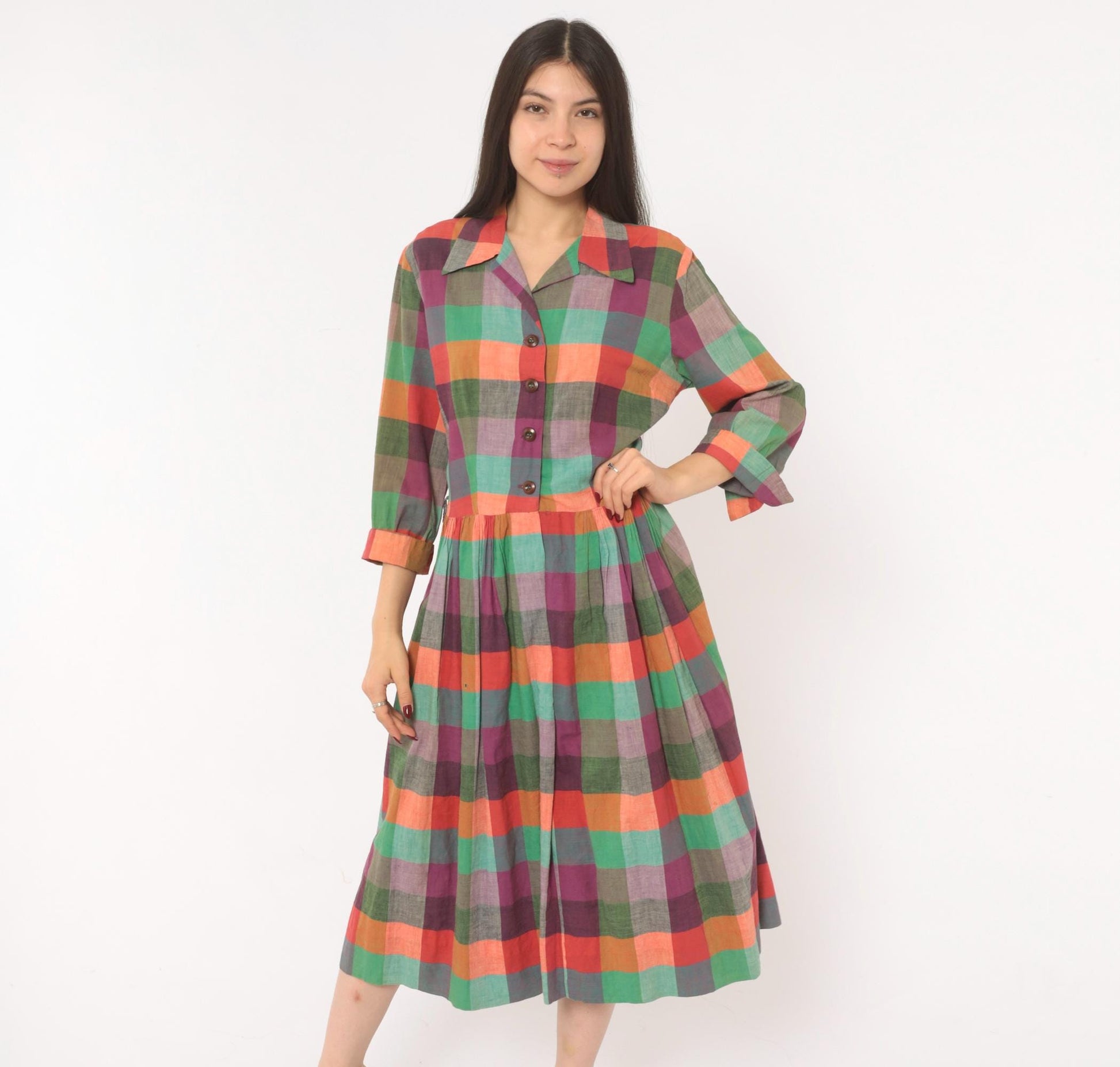 60s Multicolor Plaid Shirtdress Cotton Button Front Midi Purple Green Coral Large