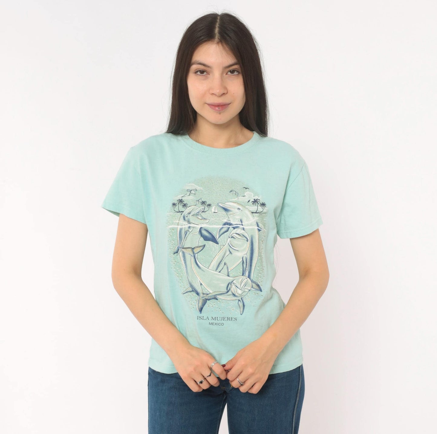 00s Yazbek Dolphin Isla Mujeres Mexico Graphic Tee Mint Green Large L