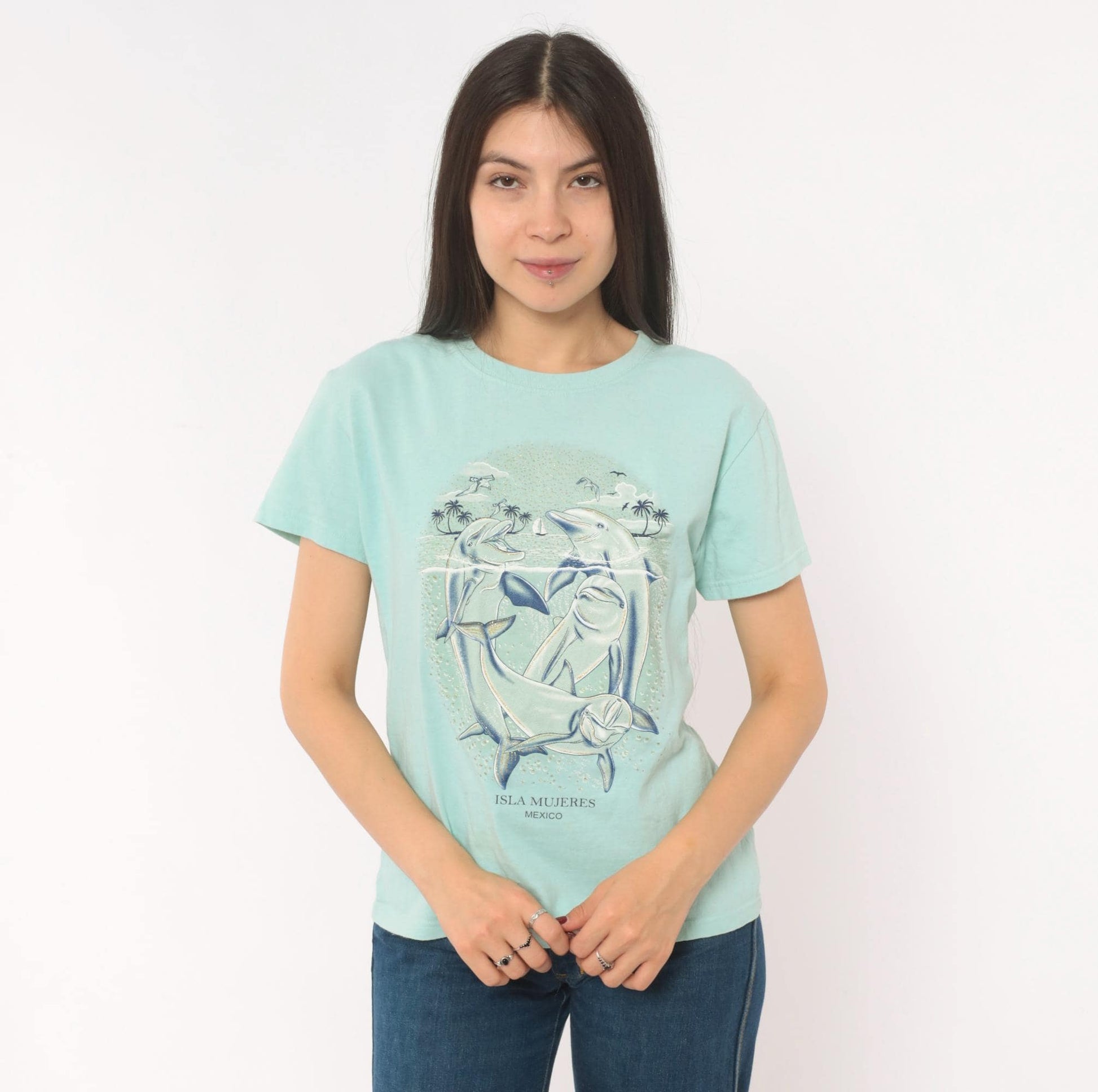 00s Yazbek Dolphin Isla Mujeres Mexico Graphic Tee Mint Green Large L