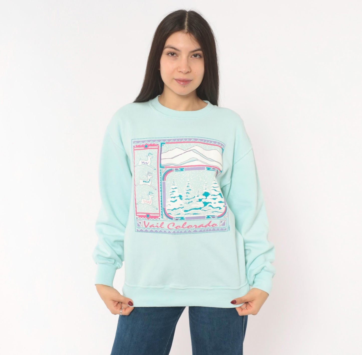90s Jerzees Vail Colorado Ski Resort Sweatshirt Mint Green Mountain Graphic Medium