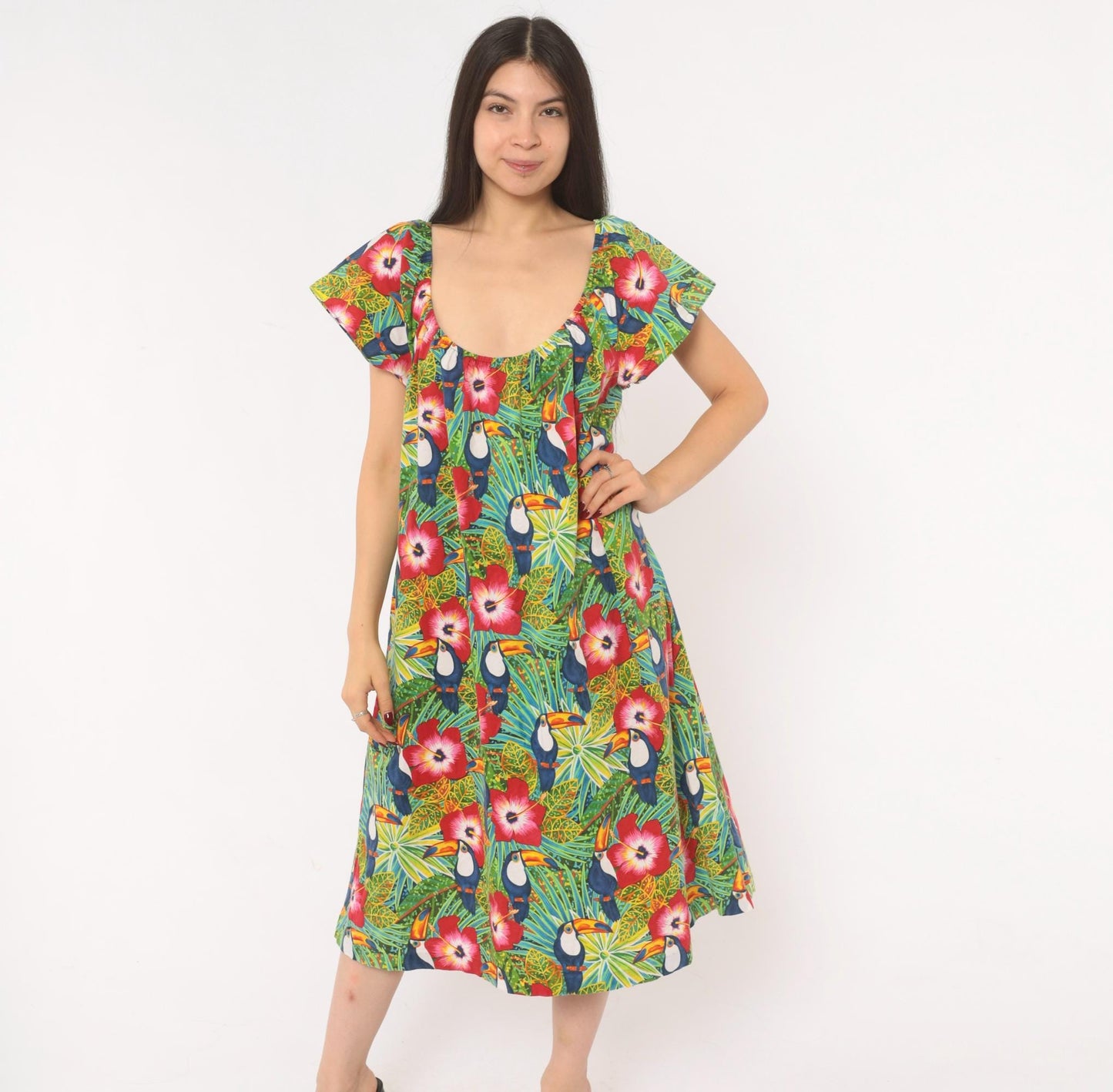 80s Seawind Toucan Hibiscus Midi Dress Flutter Sleeve Cotton Tropical Extra Large