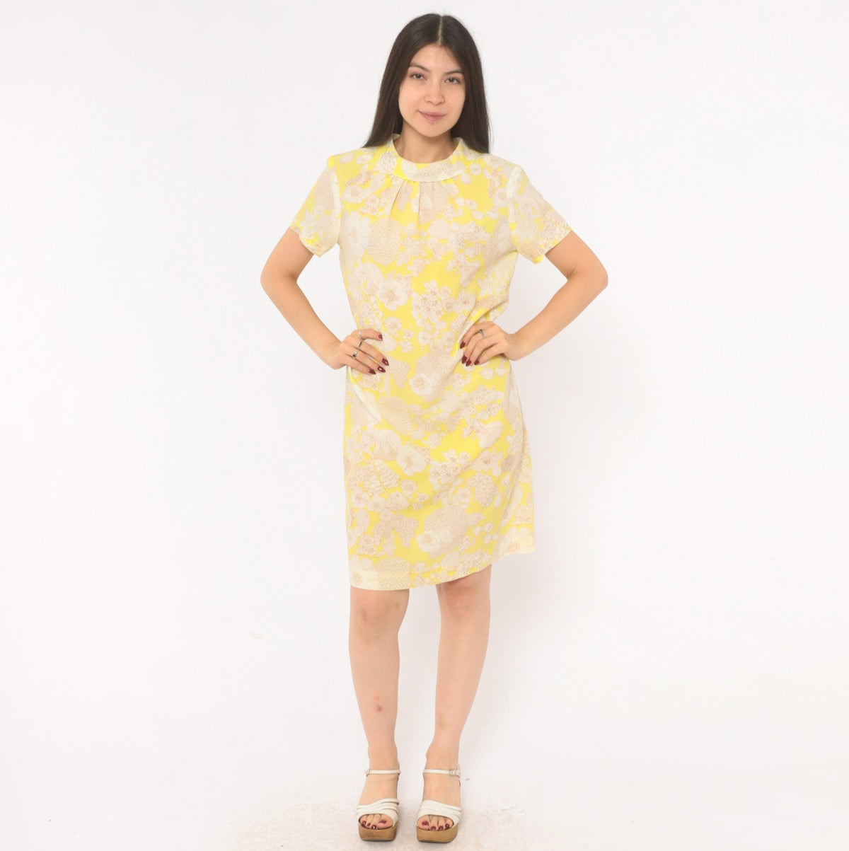 60s Yellow Floral Shift Dress Peter Pan Collar A-Line Knee Length Large L