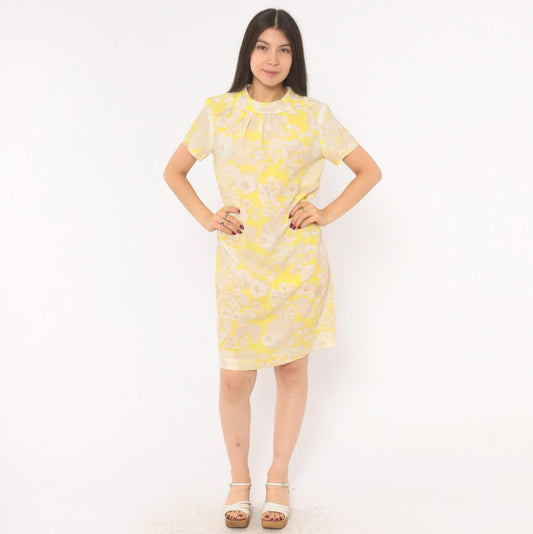 60s Yellow Floral Shift Dress Peter Pan Collar A-Line Knee Length Large L
