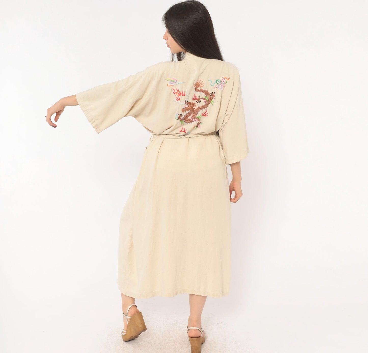 80s Health Silk Kimono Robe Dragon Embroidered Cream Midi Extra Large