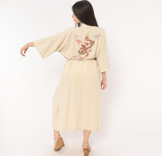 80s Health Silk Kimono Robe Dragon Embroidered Cream Midi Extra Large