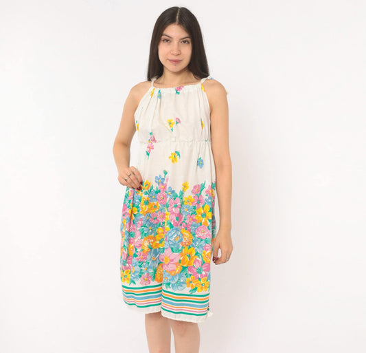 80s White Floral Cotton Sundress Tie Shoulder Knee Length Extra Small XS