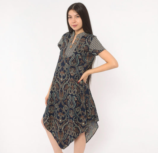 2000s Navy Batik Paisley Mandarin Collar Dress Brown Teal Asymmetrical Small
