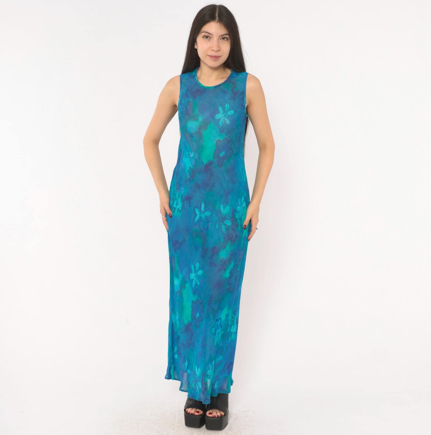90s Mica Floral Maxi Dress Blue Teal Watercolor Chiffon Sleeveless Small S