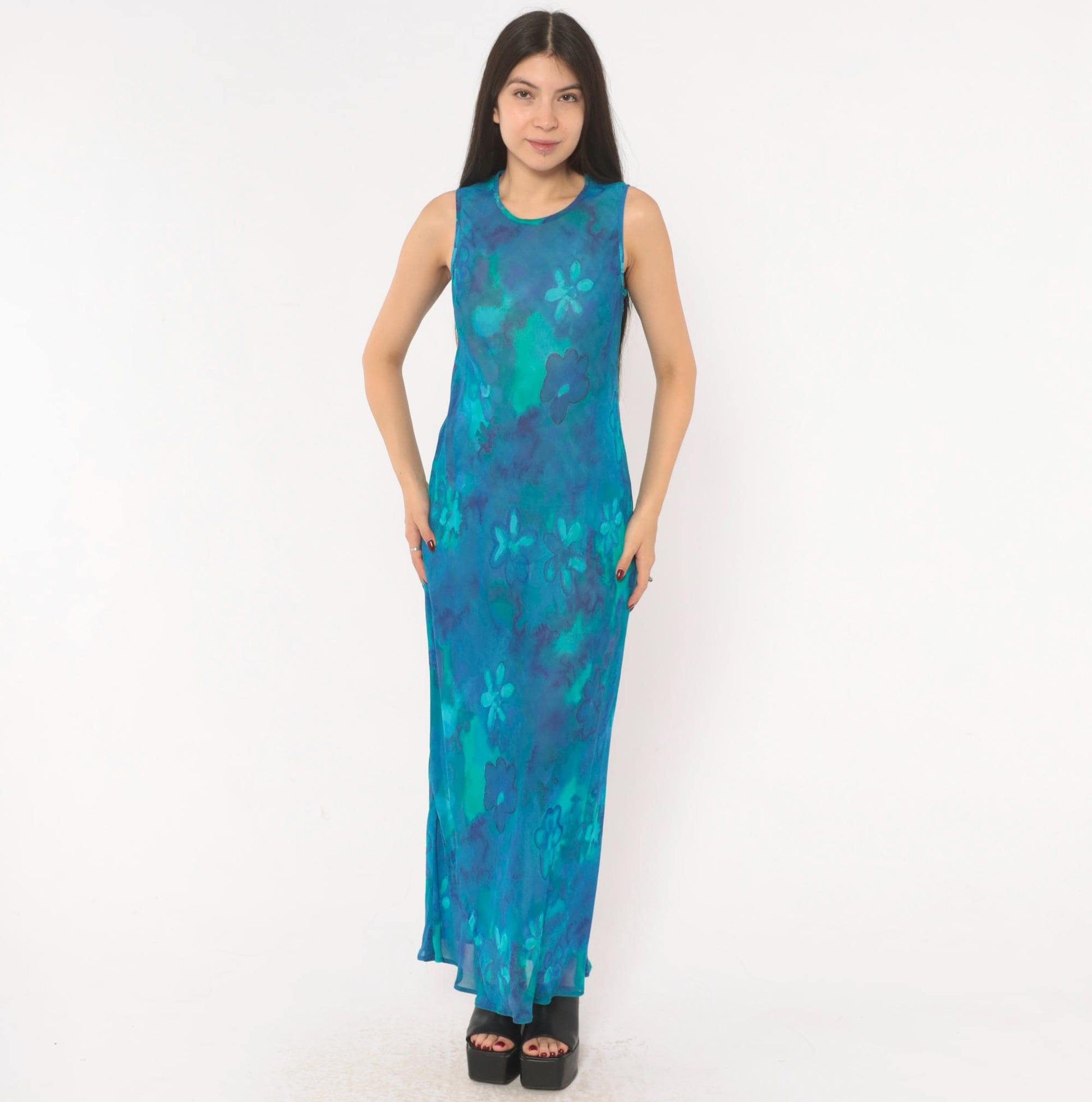 90s Mica Floral Maxi Dress Blue Teal Watercolor Chiffon Sleeveless Small S