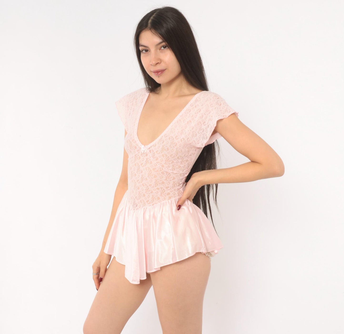 90s Cinema Etoile Pink Lace Babydoll Top Flutter Sleeve Bow Small S