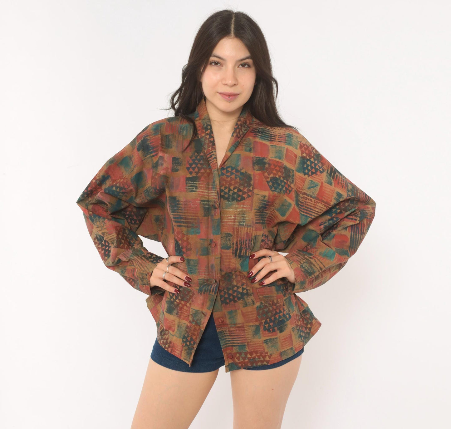 Y2K Abstract Geometric Blazer Shawl Collar Patchwork Rust Teal Medium M