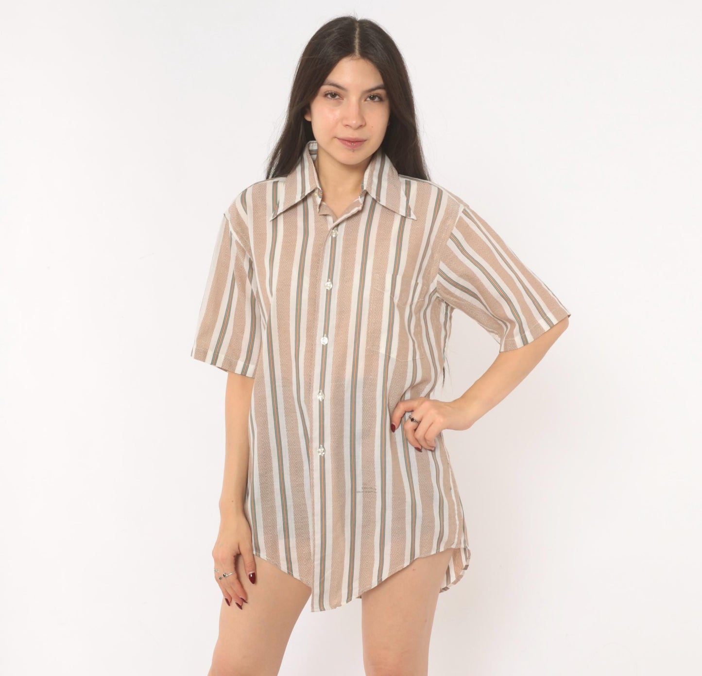 70s Donross Striped Button Up Shirt Cream Tan Teal Orange Camp Collar Medium