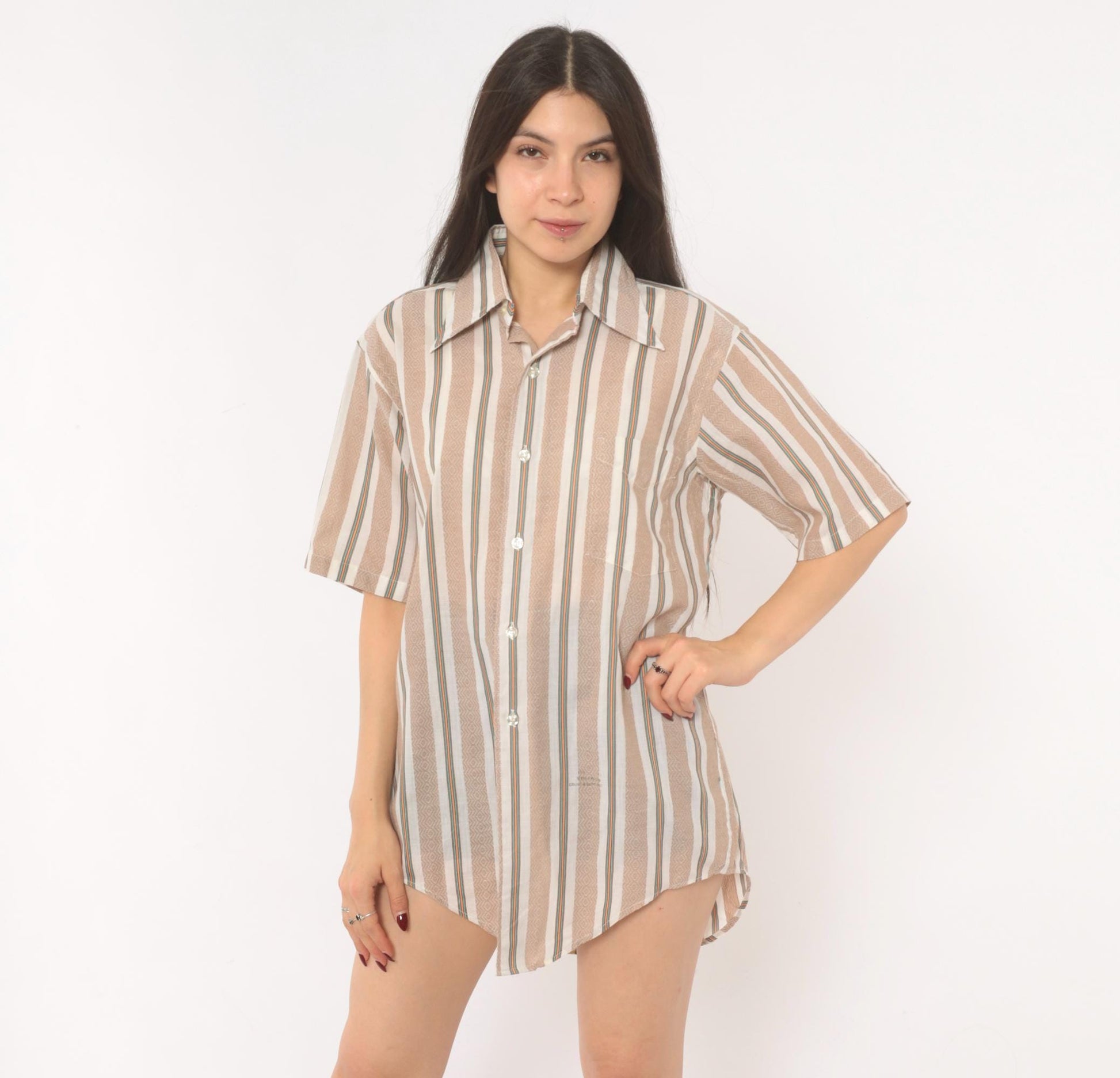 70s Donross Striped Button Up Shirt Cream Tan Teal Orange Camp Collar Medium