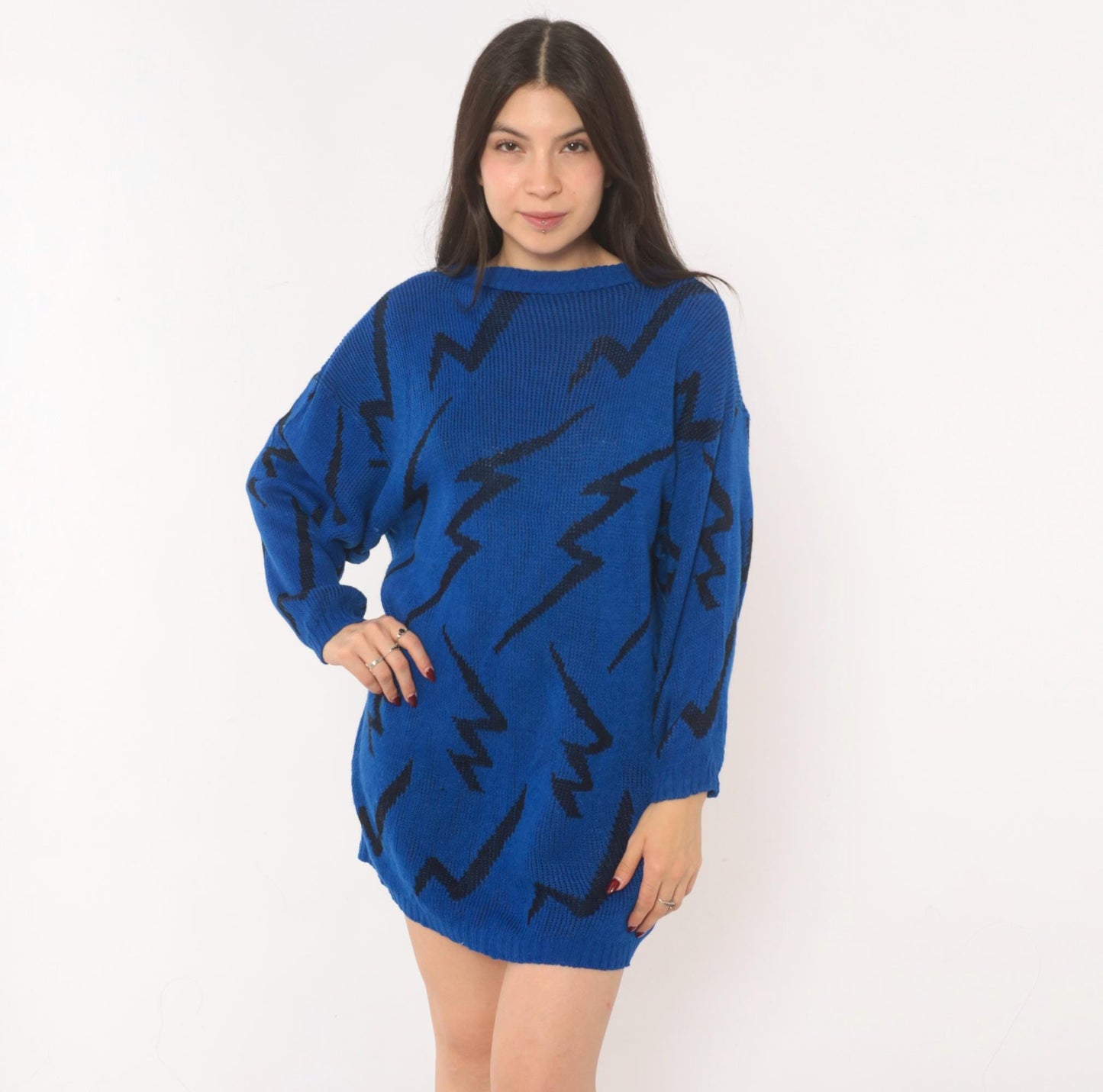 80s Cobalt Blue Lightning Bolt Knit Pullover Black Zigzag Crewneck Medium
