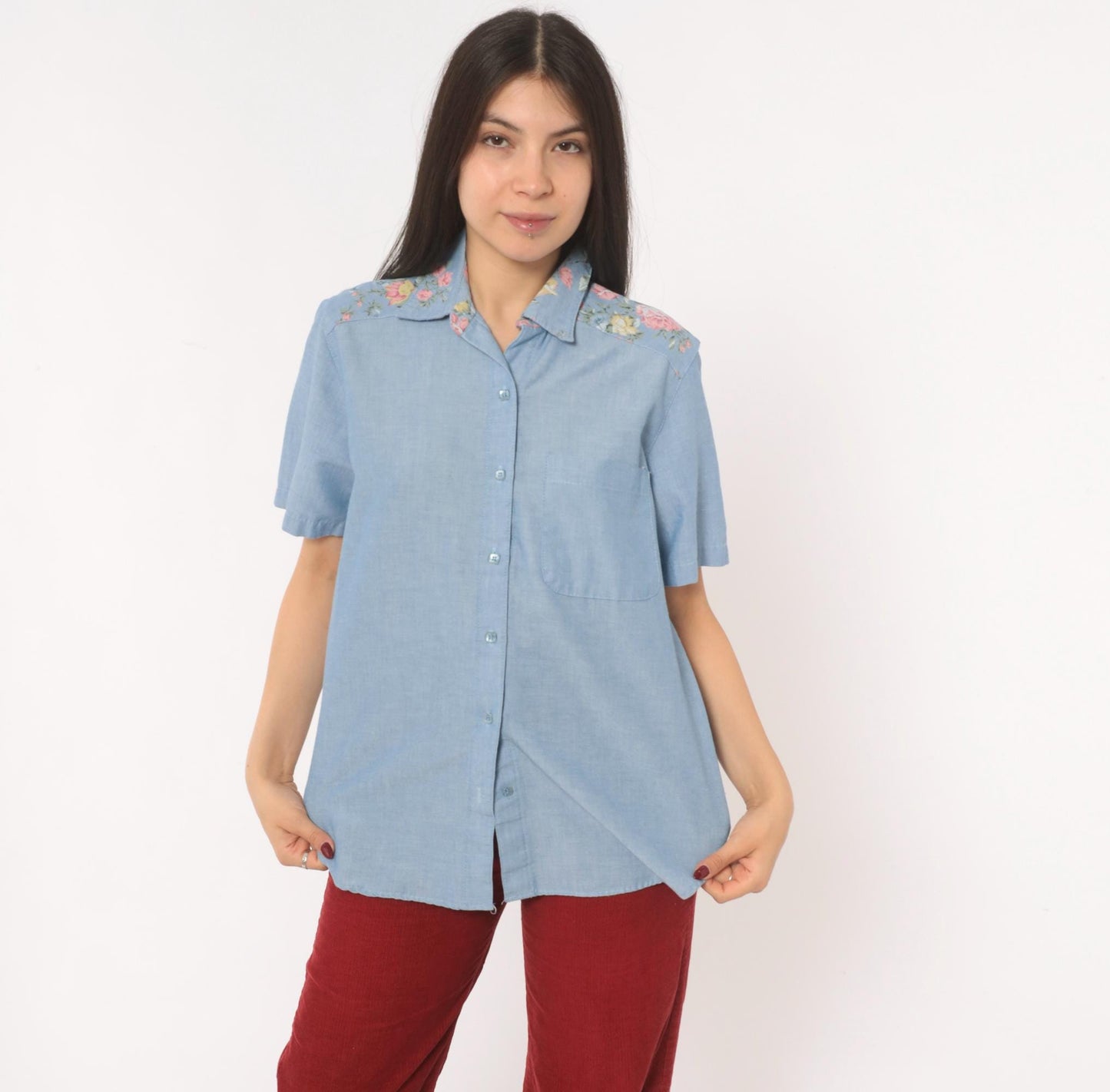 90s Alfred Dunner Floral Yoke Chambray Shirt Blue Button Front Medium