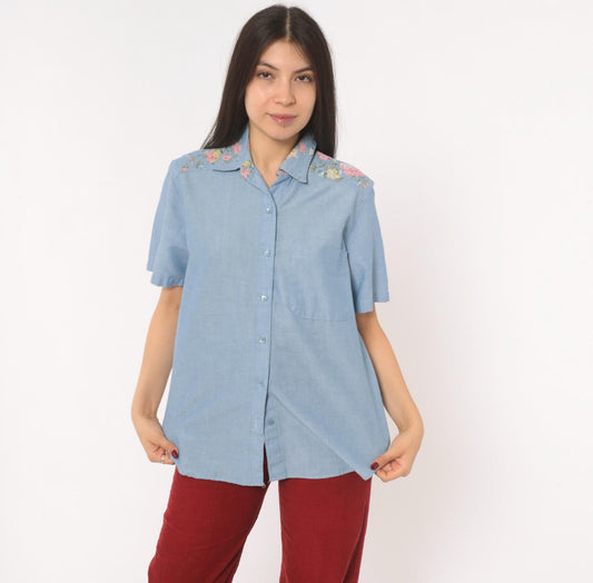 90s Alfred Dunner Floral Yoke Chambray Shirt Blue Button Front Medium