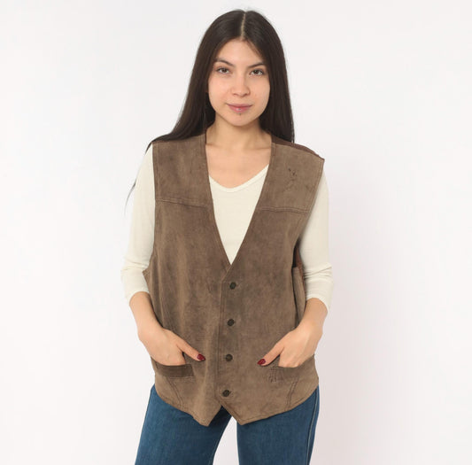 90s Bugle Boy Brown Suede Vest V-Neck Button Front Waistcoat Medium M