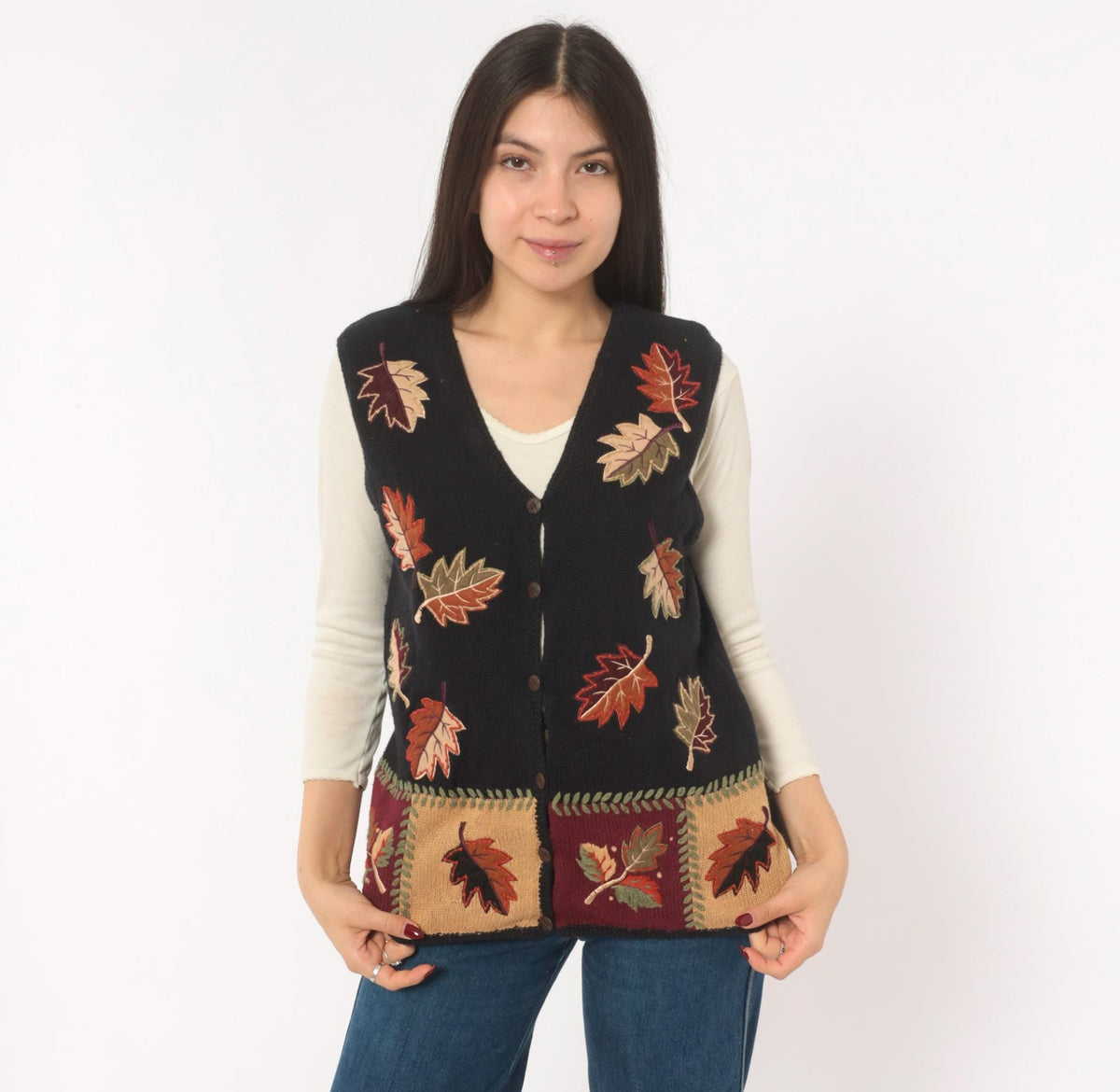 90s Black Knit Vest Autumn Leaves Appliqué Button Front Patchwork Medium M