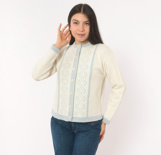 70s Mello Knit Cream Baby Blue Diamond Cardigan Button Front Medium