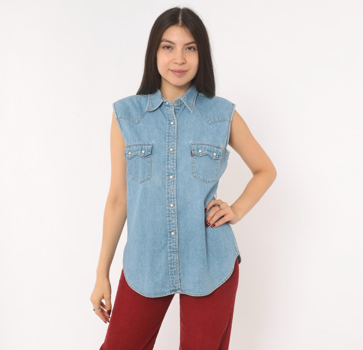 2000s Levi's Red Tab Denim Western Vest Light Wash Pearl Snap Medium M