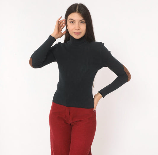 90s Toska Black Turtleneck Sweater Suede Elbow Patch Ribbed Knit Extra Small XS