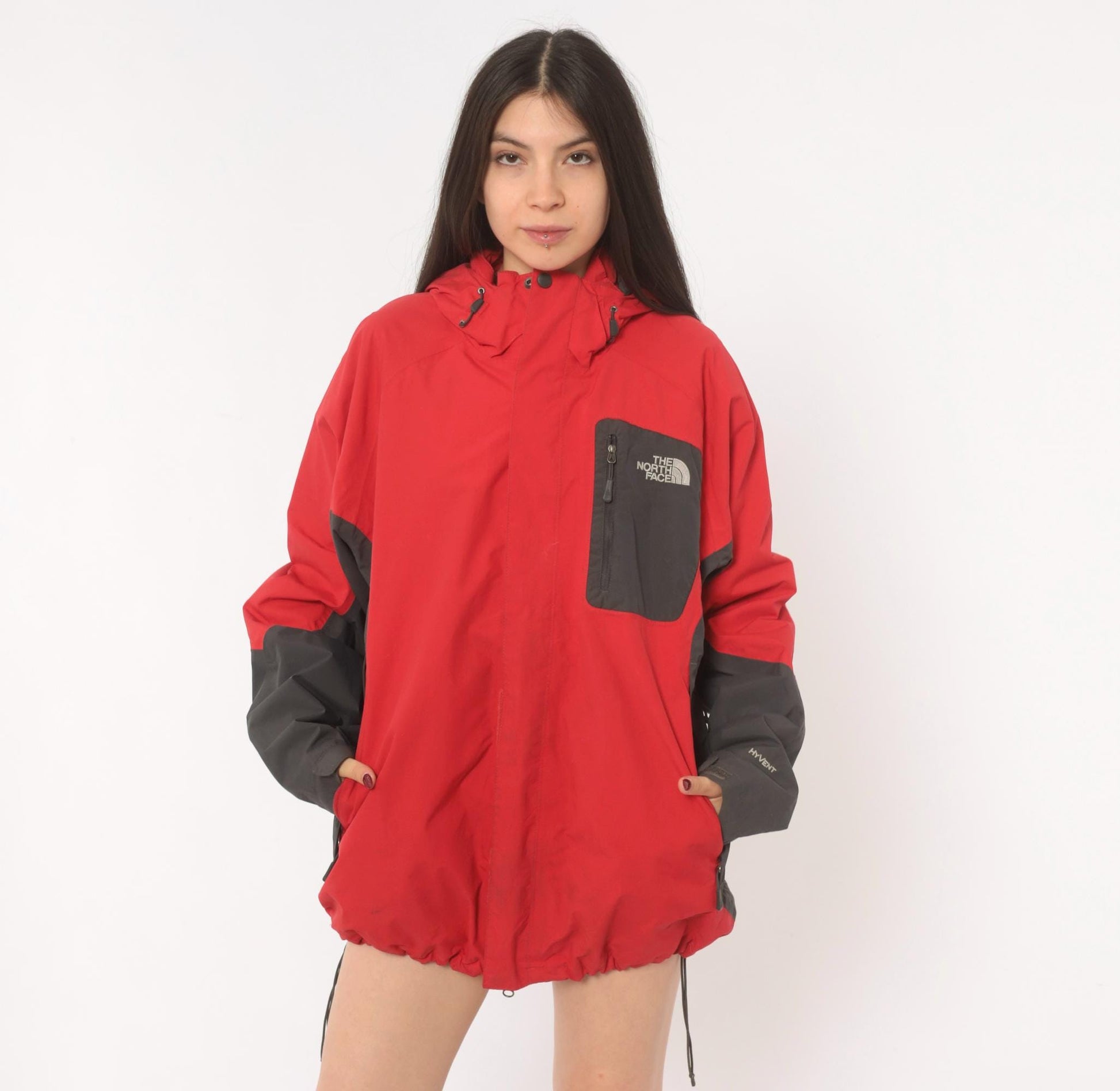 2000s The North Face Red Black HyVent Hooded Windbreaker Large L