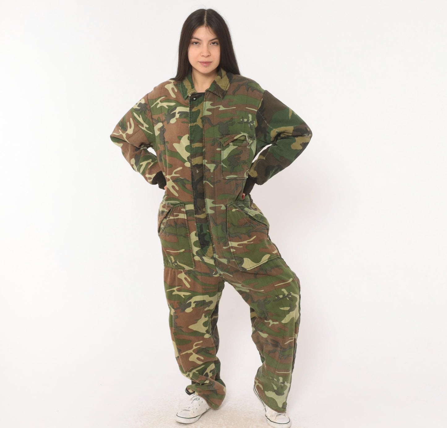 90s Woodland Camouflage Coveralls Zip Front Jumpsuit One Piece Medium