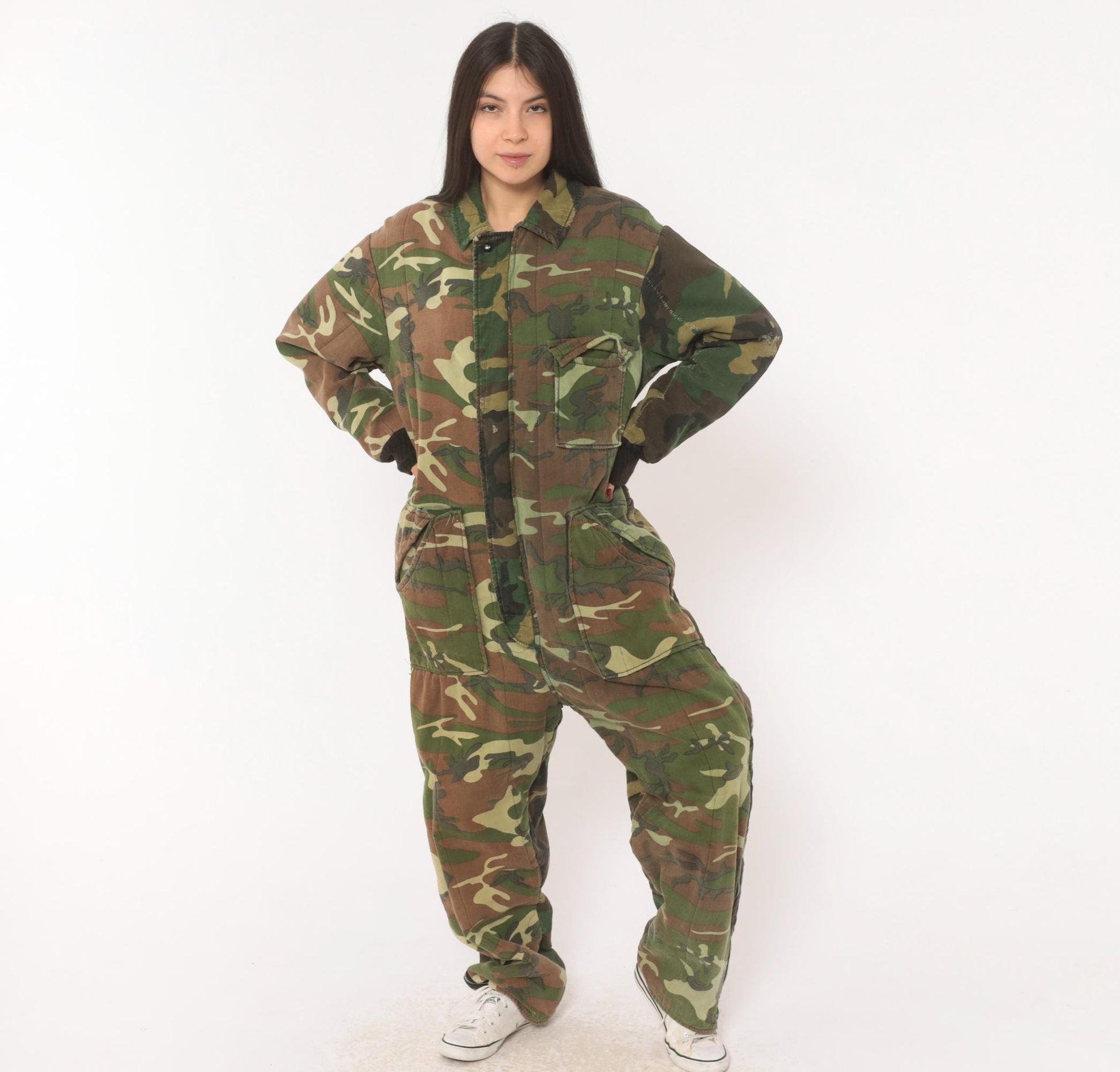 90s Woodland Camouflage Coveralls Zip Front Jumpsuit One Piece Medium