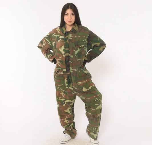 90s Woodland Camouflage Coveralls Zip Front Jumpsuit One Piece Medium