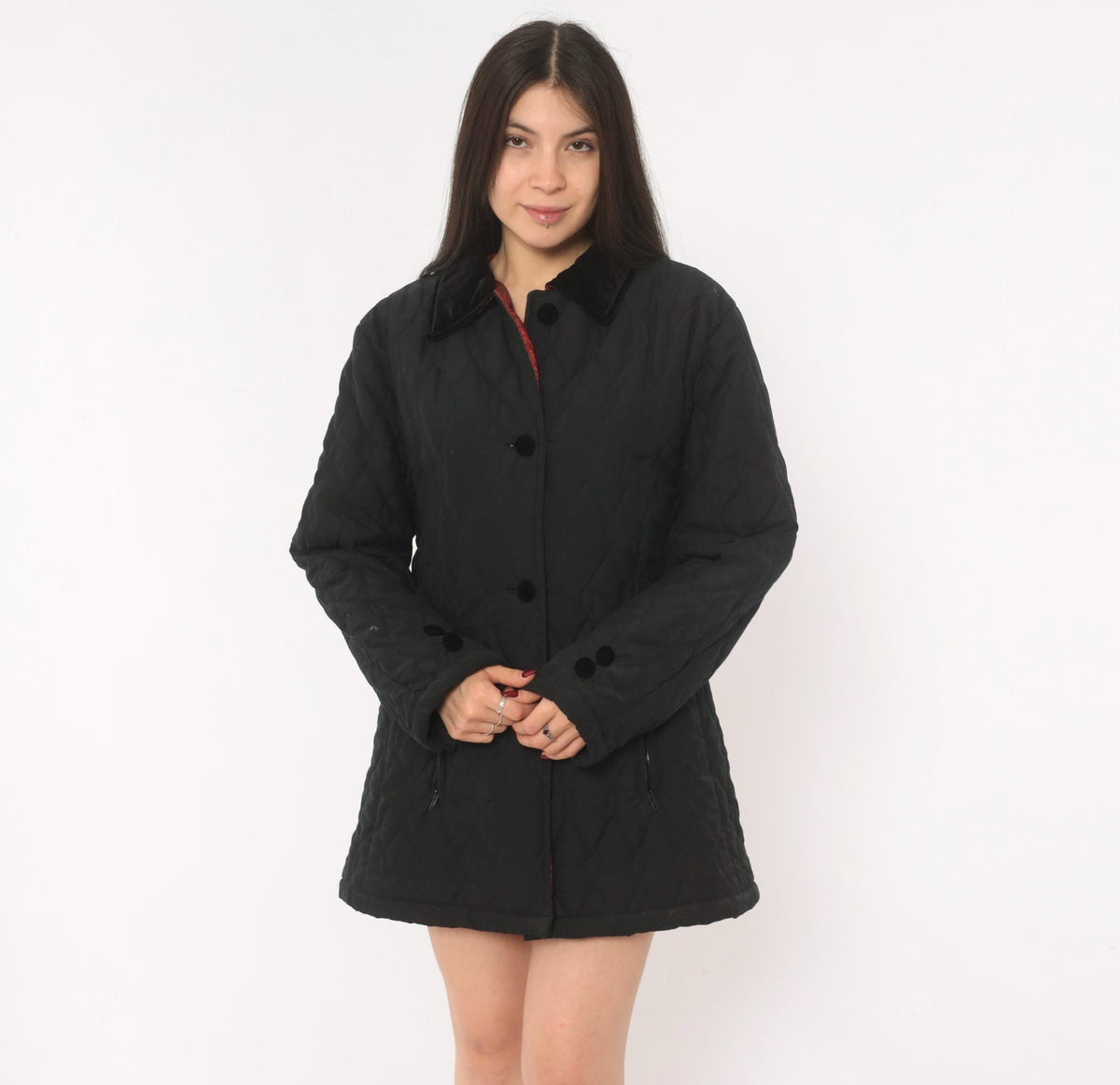 90s Halston Sport Black Quilted Jacket Diamond Stitch Velvet Collar Medium M