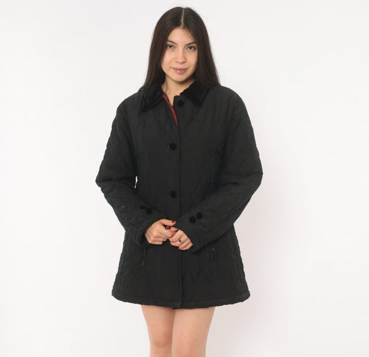 90s Halston Sport Black Quilted Jacket Diamond Stitch Velvet Collar Medium M