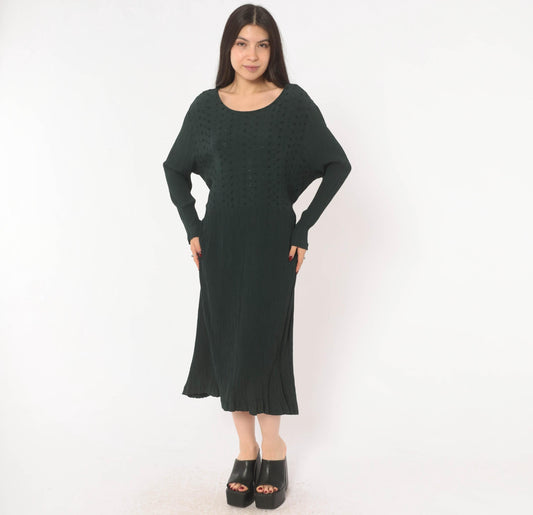 90s Special Thyme Ltd Forest Green Midi Dress Embroidered Eyelet Pleated Medium Large
