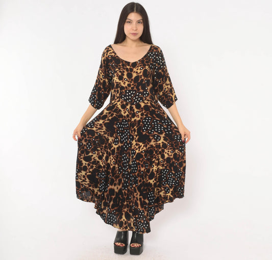 Y2K Bila Animal Print Maxi Dress Leopard Polka Dot V-Neck Half Sleeve Medium M