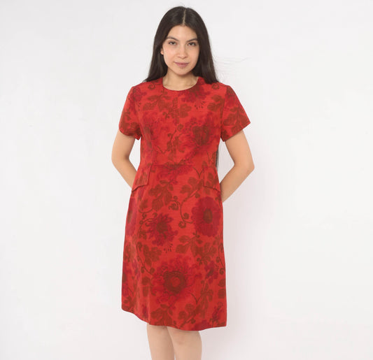 60s Lisa Carlton Red Silk Jacquard Floral A-Line Dress Knee Length Small S