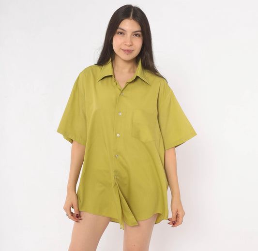 70s Olive Button-Front Camp Shirt Cotton Short Sleeve Moss Green Plus Size XXL