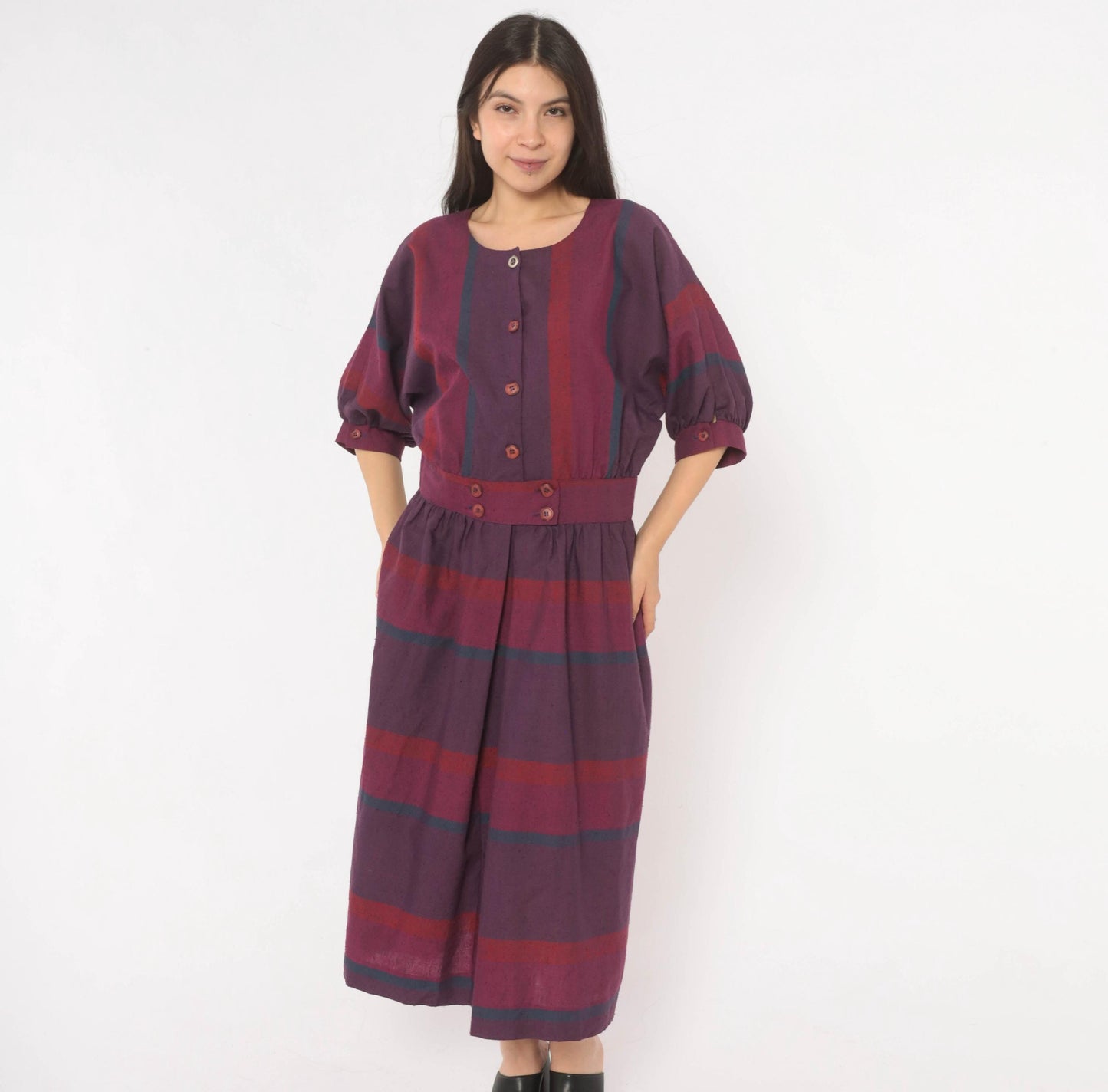 80s David Warren Plaid Midi Dress Purple Burgundy Puff Sleeve Cotton Large L