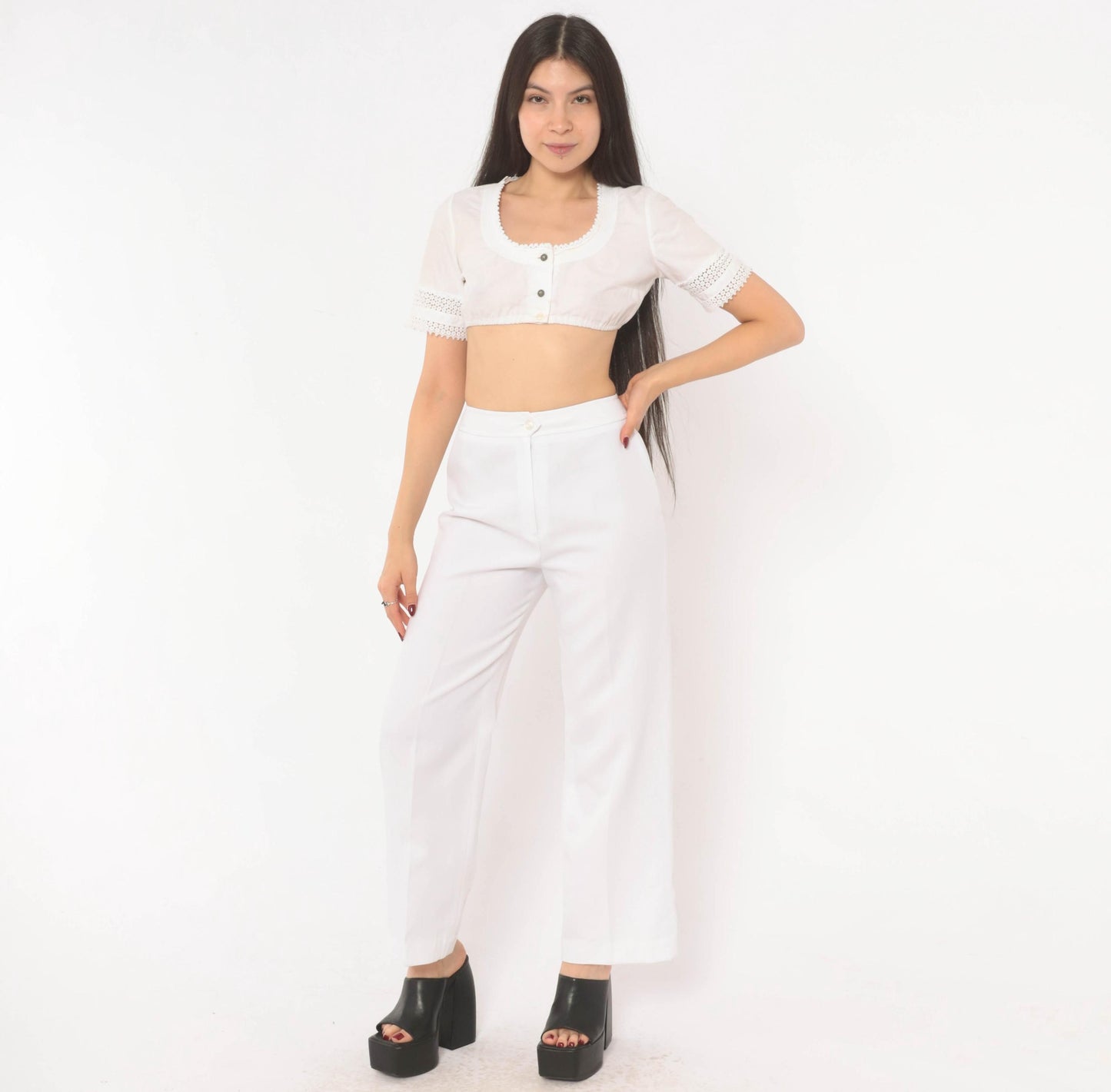70s White Wide Leg High Rise Trousers Ivory Straight Pressed Crease Small