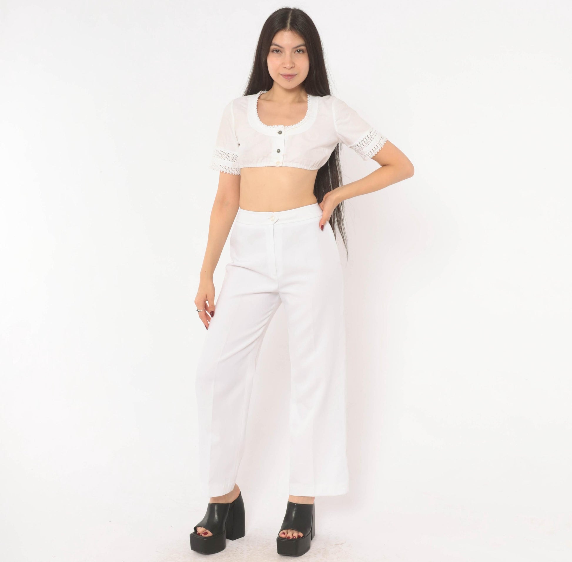 70s White Wide Leg High Rise Trousers Ivory Straight Pressed Crease Small